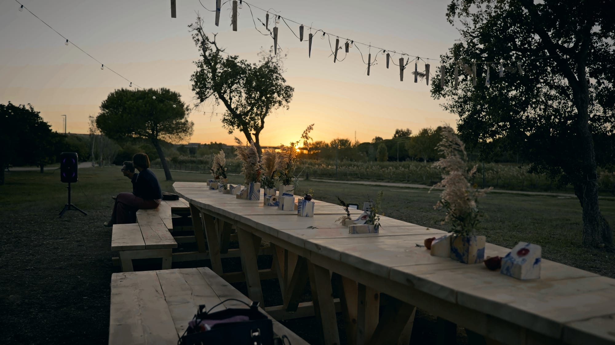 Il tavolo della Barca al tramonto, apparecchiato con erbe e fiori sotto un filo di lampadine.