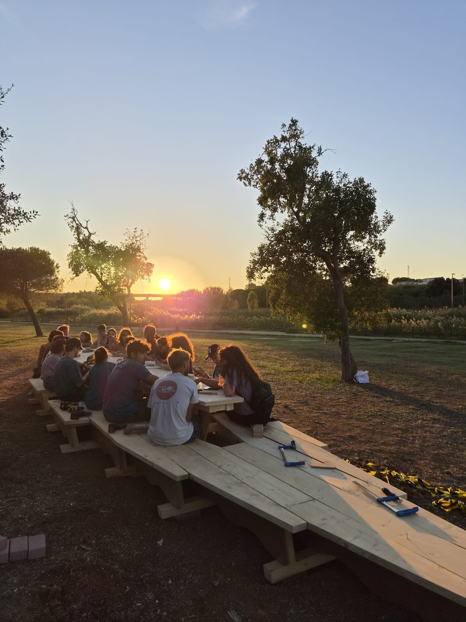 Il gruppo seduto al tavolo della Barca in controluce, mentre il sole tramonta fra gli alberi.